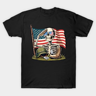 Skeleton American USA Flag Memorial Day 4th of July T-Shirt